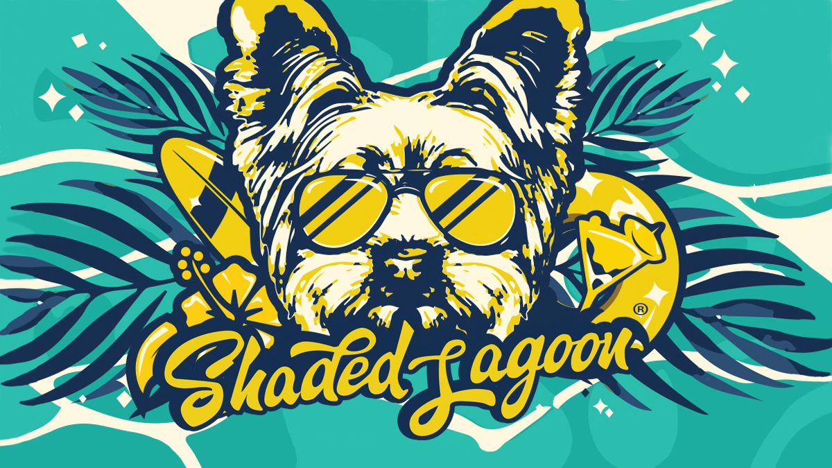 Shaded Lagoon LLC mascot logo — a French bulldog in sunglasses with palm fronds.